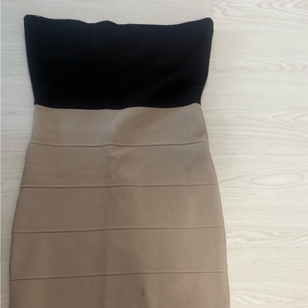 BCBGMaxAzria Strapless Dress in Black and Tan